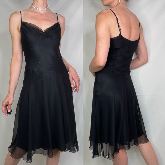 Bebe silk rhinestone beaded slip dress chiffon cocktail midi black ruched bust S - Picture 12 of 15